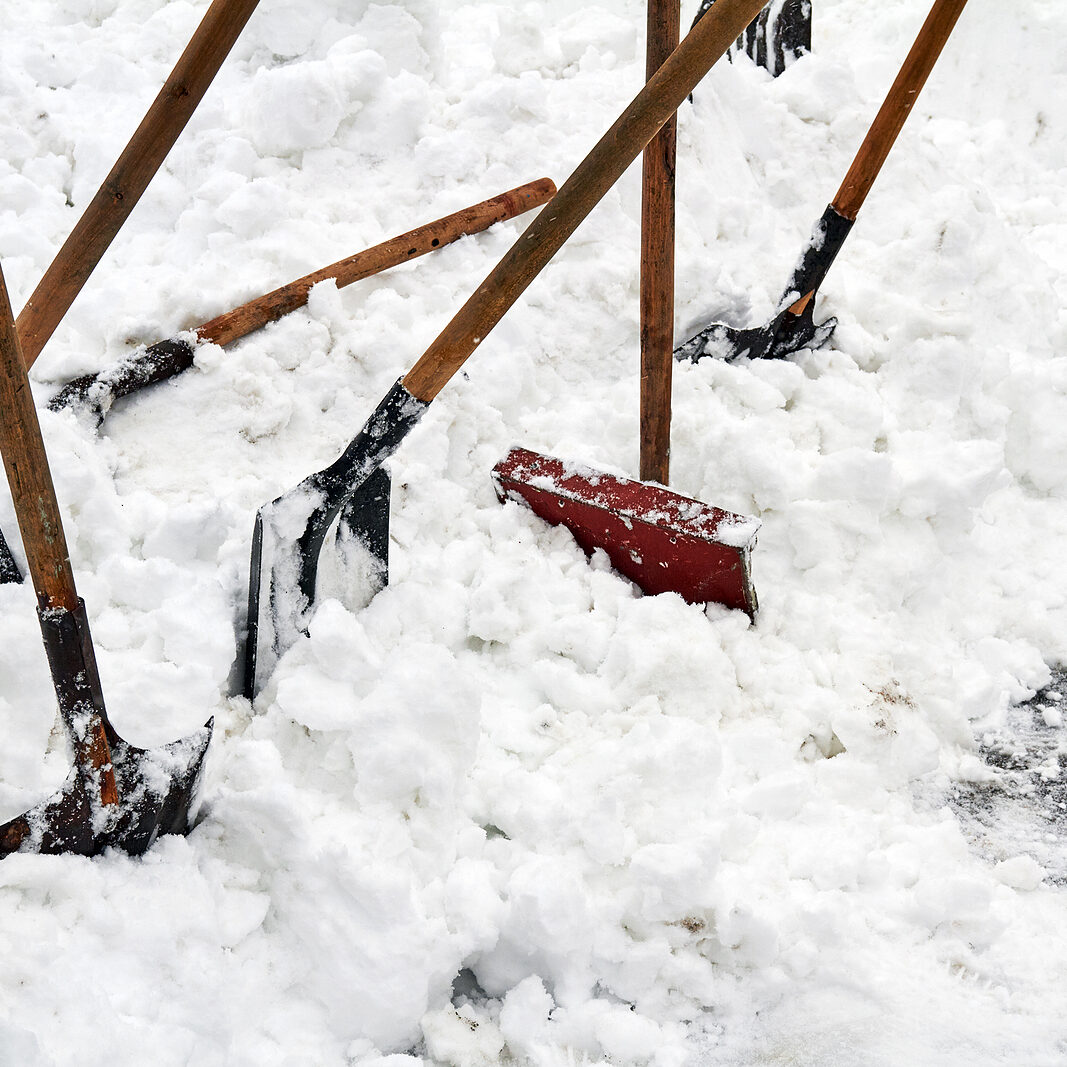 Some snow shovels for snow removal in deep fresh snow. Snow removal concept. Weather collapse
